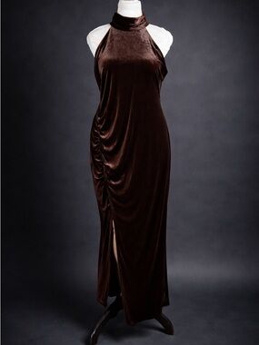 Taylor Velvet Halter Maxi Dress Mocha Ruched Slit Formal Event Wedding Guest 16